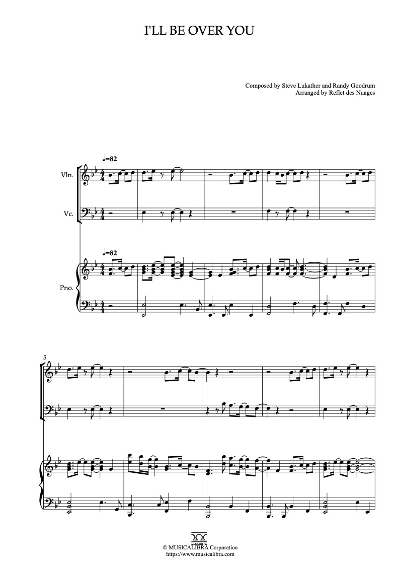 Sheet music of Toto I'll Be Over You arranged for violin, cello and piano trio chamber ensemble preview page 1