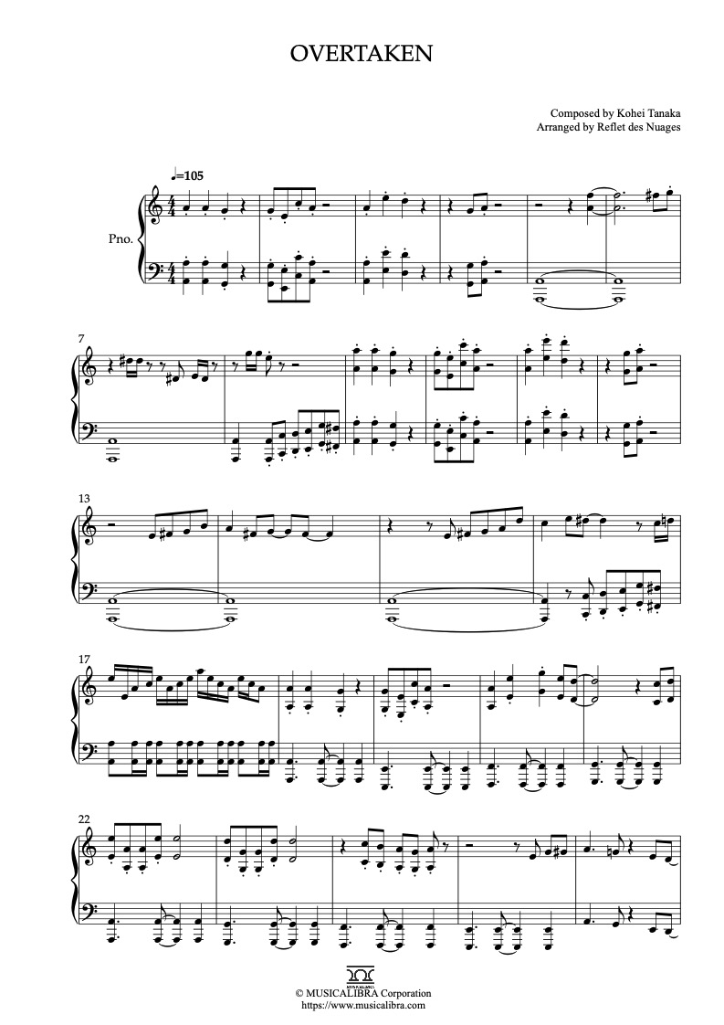 Sheet music of One Piece Overtaken arranged for piano solo preview page 1