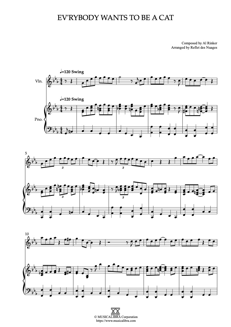 Partitura de The Aristocats Ev'rybody Wants to Be a Cat arreglada para dueto de violín y piano