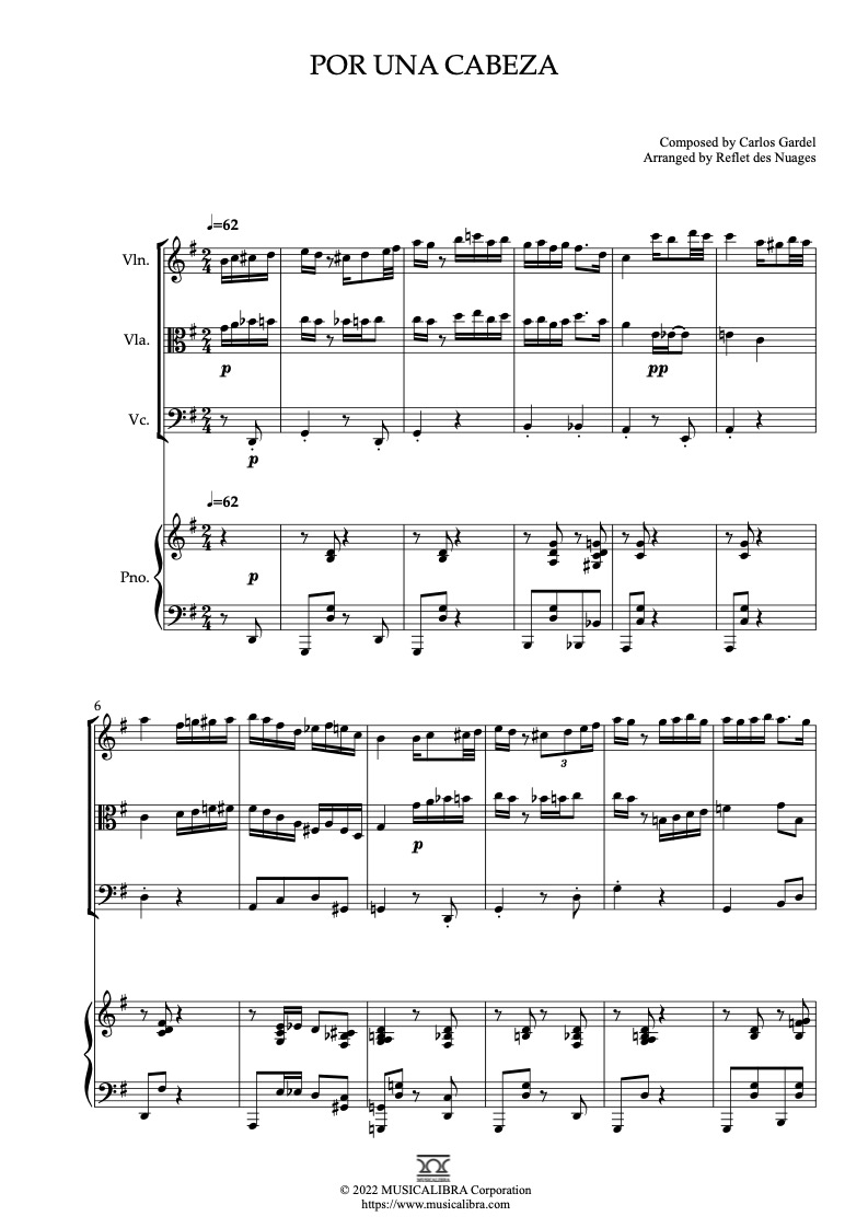 Por una cabeza 四重奏 乐谱 - 小提琴, 中提琴, 大提琴, 钢琴