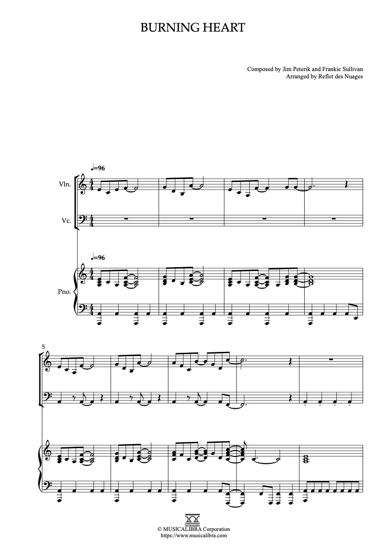 Partitura de Rocky Themes Burning Heart arreglada para trío de violín, violonchelo y piano