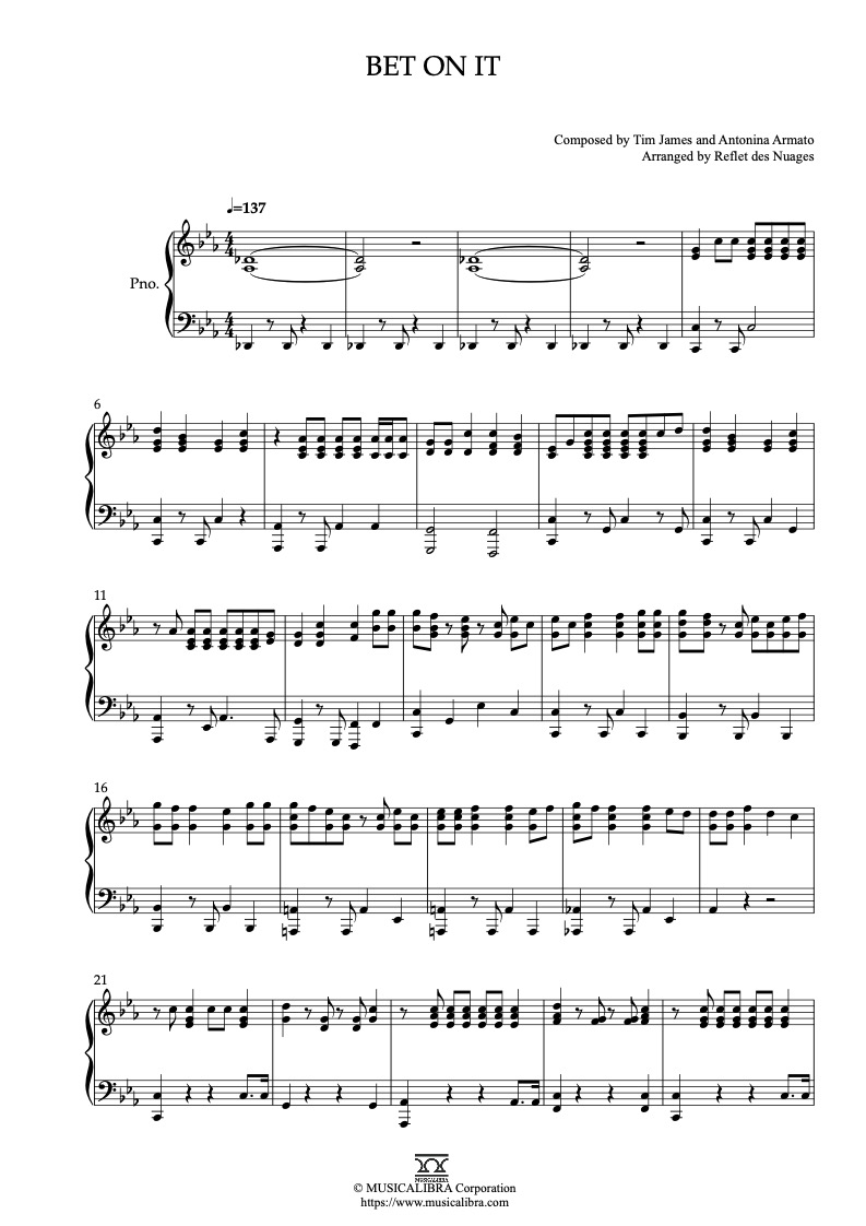 Partitura de High Shool Musical Bet on It arreglada para piano solo