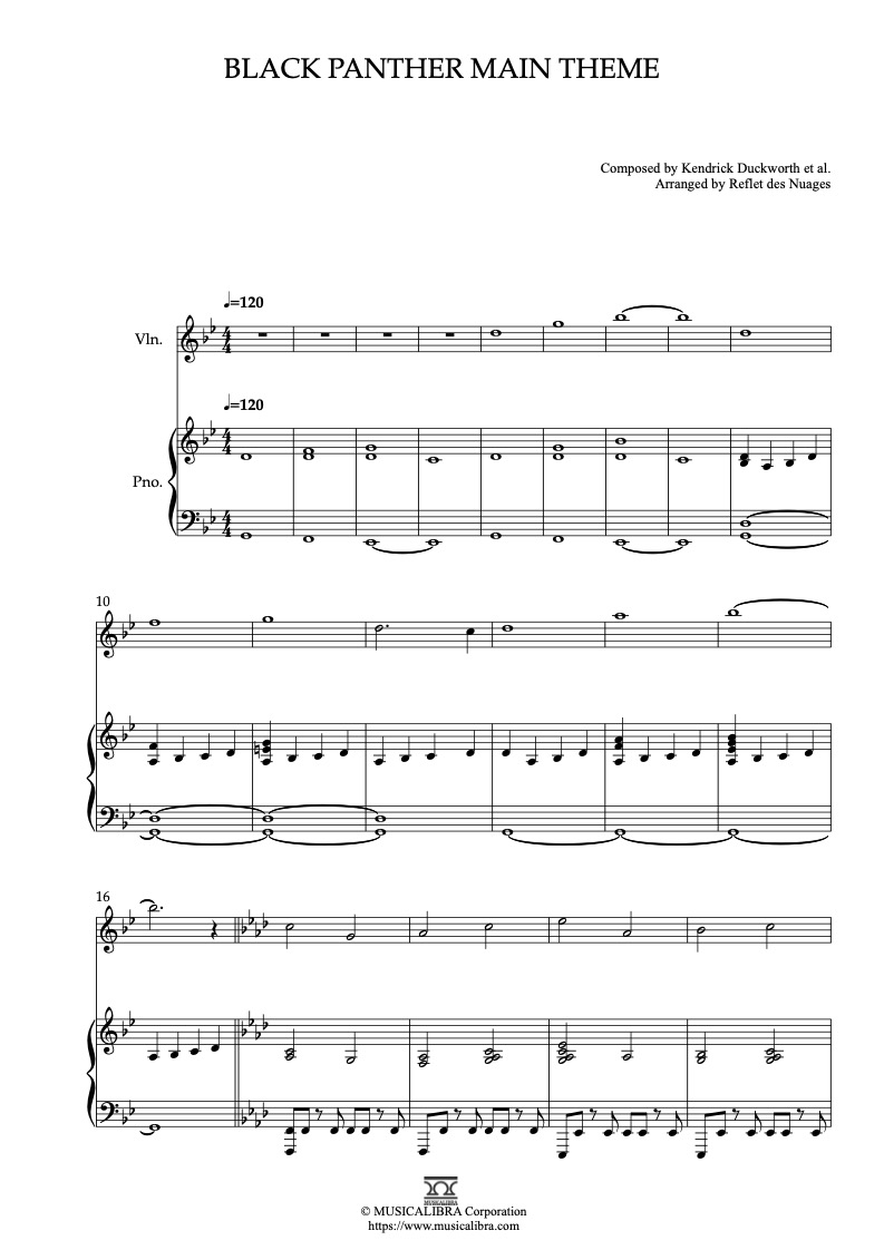 Partitura de Black Panther Main Theme arreglada para dueto de violín y piano