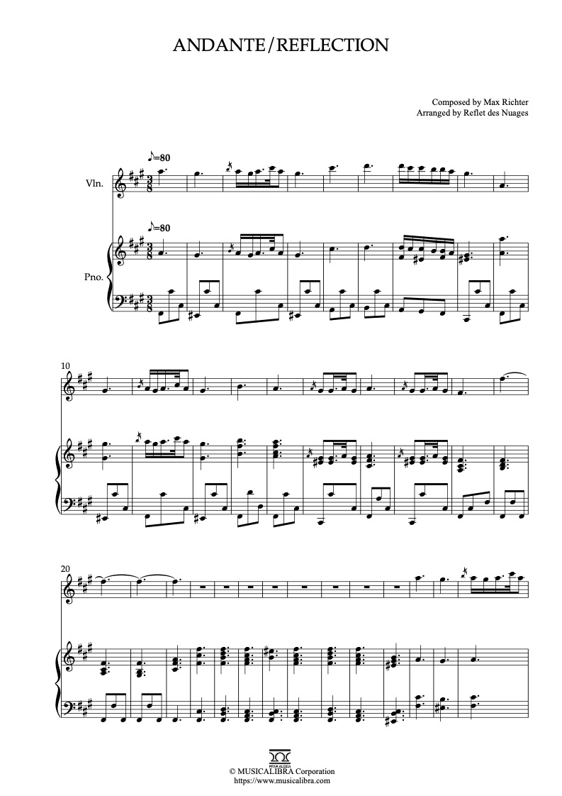 Partitura de Waltz With Bashir Andante/Reflection arreglada para dueto de violín y piano