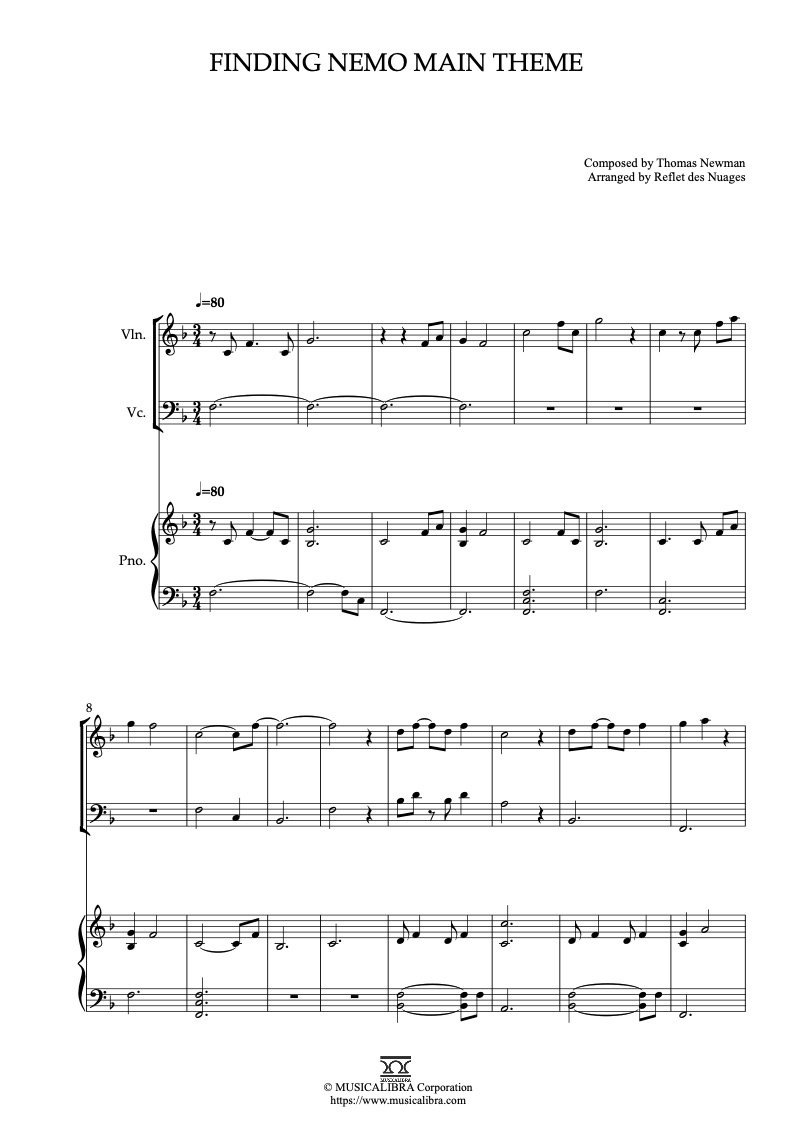 Finding Nemo Main Theme 三重奏 乐谱 - 小提琴, 大提琴, 钢琴
