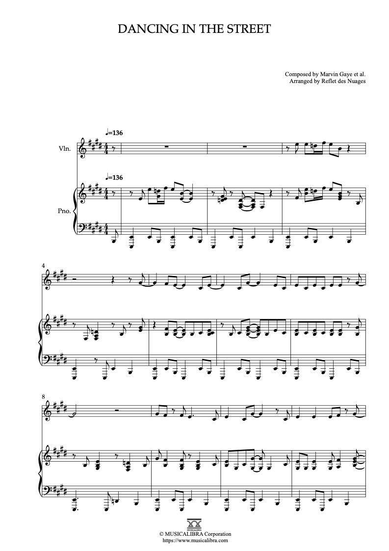 Sheet music of Dancing in the Street arranged for violin and piano duet preview page 1