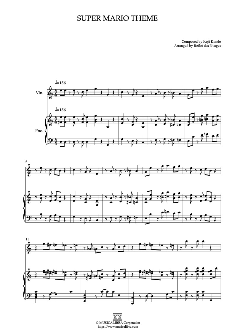 Super Mario Theme 二重奏 樂譜 - 小提琴, 鋼琴
