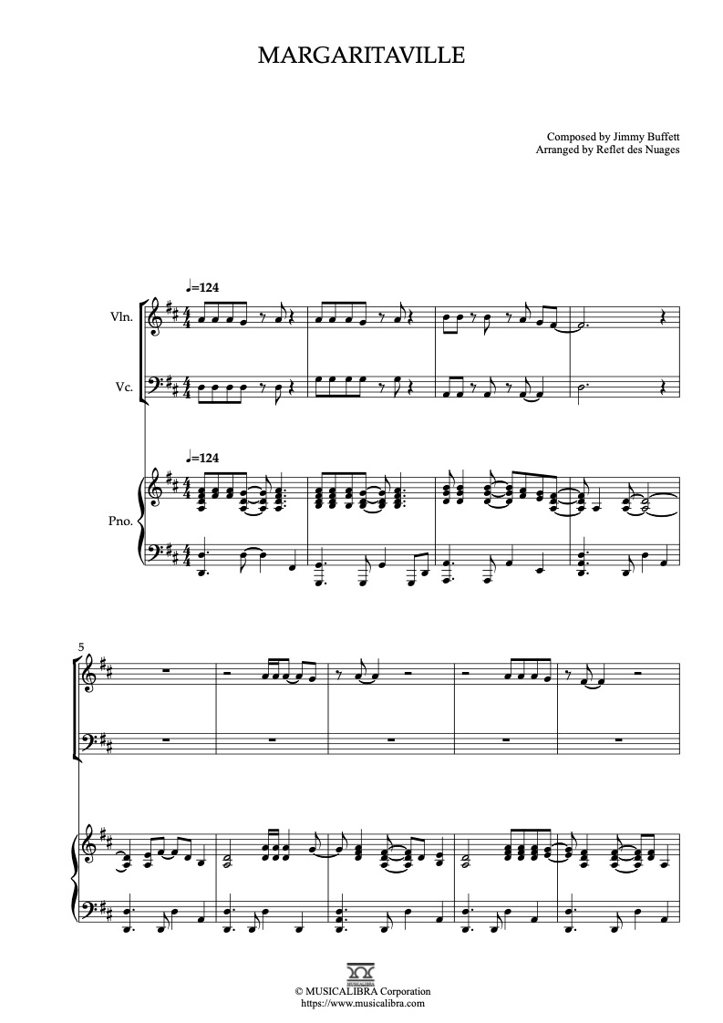 Partitura de Jimmy Buffett Margaritaville arreglada para trío de violín, violonchelo y piano