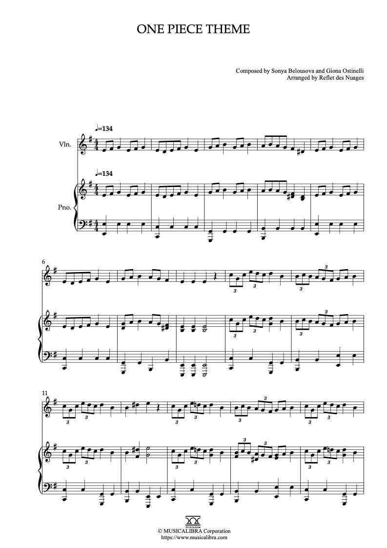 Sheet music of One Piece Theme arranged for violin and piano duet chamber ensemble preview page 1