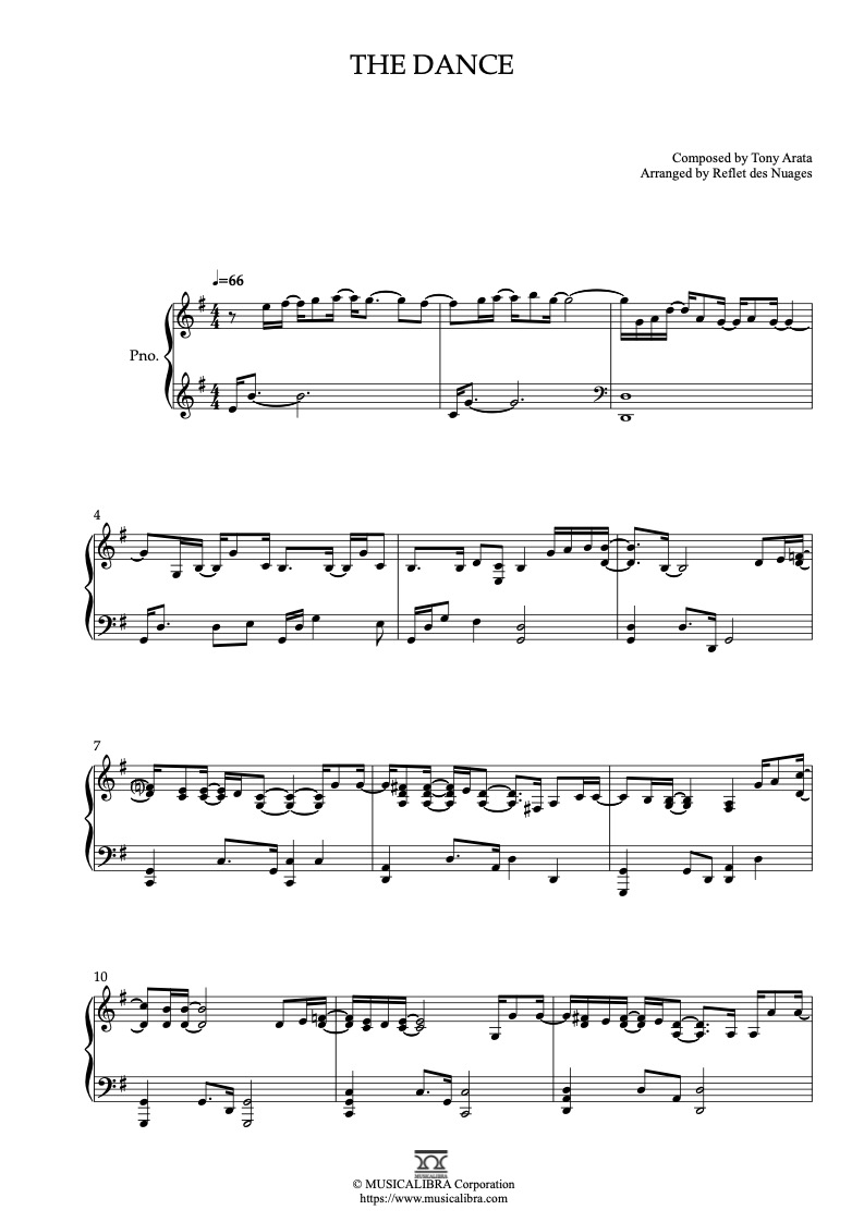 Sheet music of Tony Arata The Dance arranged for piano solo preview page 1
