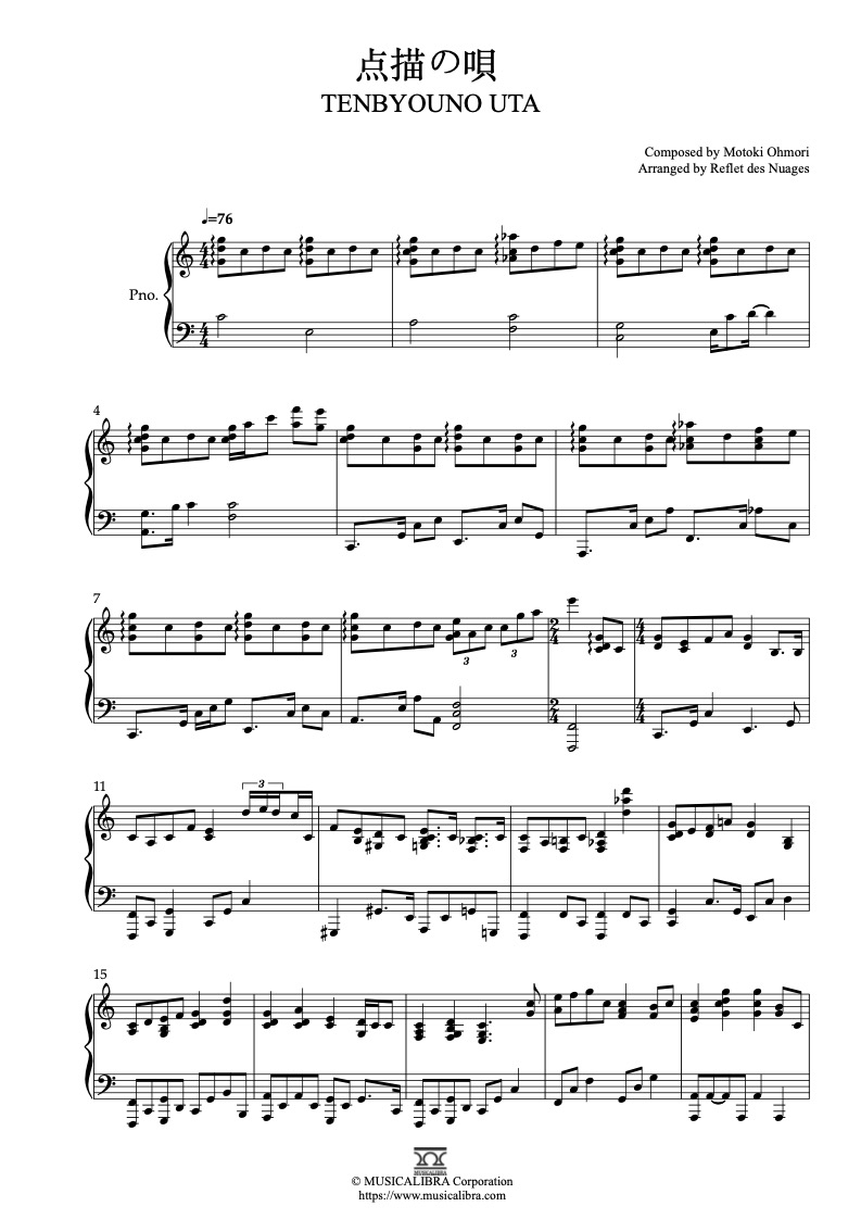 Sheet music of Mrs.GREEN APPLE 点描の唄 Tenbyouno Uta arranged for piano solo preview page 1