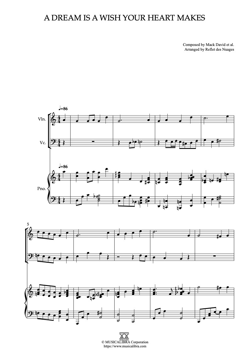 Partitura de Cinderella A Dream Is a Wish Your Heart Makes arreglada para trío de violín, violonchelo y piano