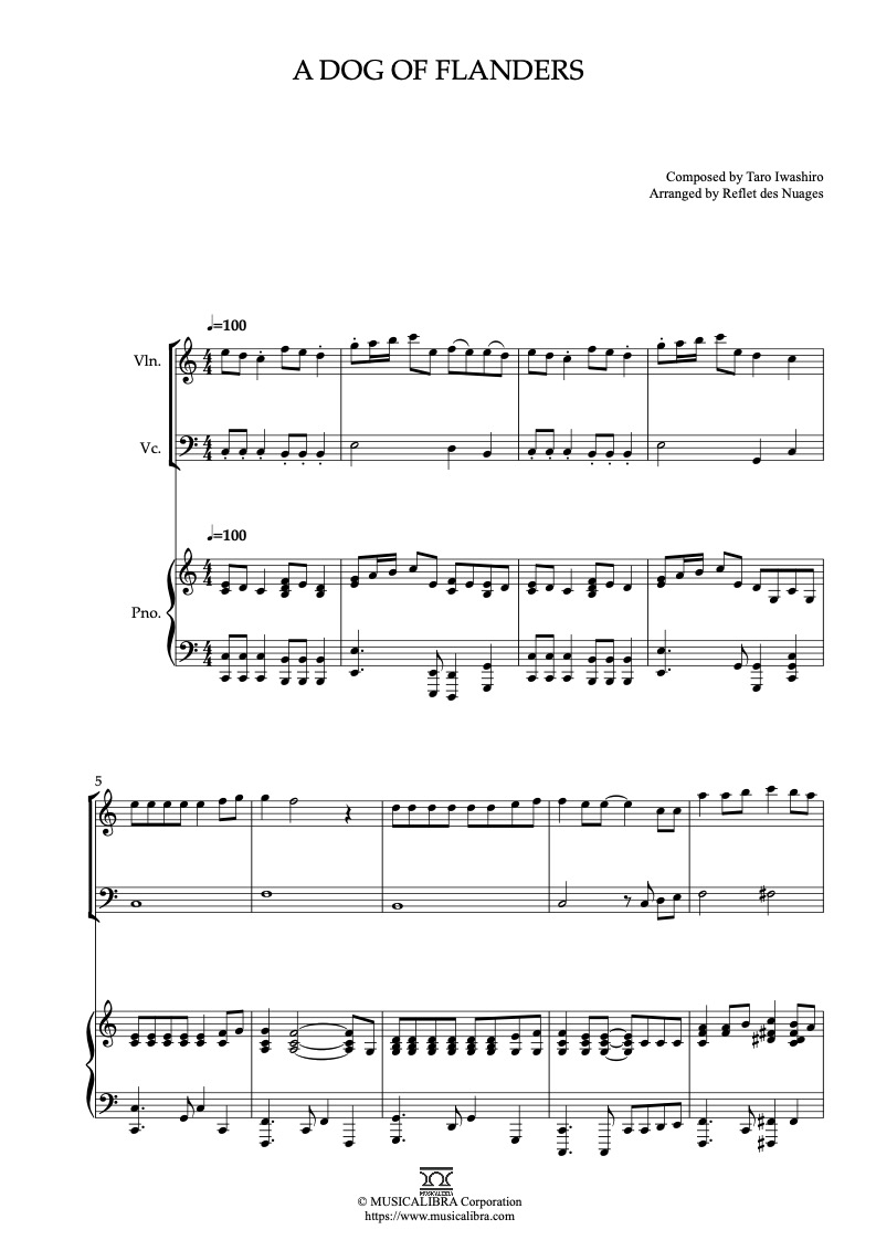Sheet music of A Dog of Flanders OST arranged for violin, cello and piano trio chamber ensemble preview page 1