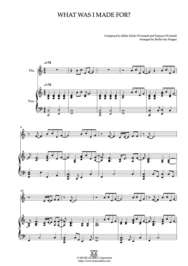 Billie Eilish What Was I Made For? 二重奏 乐谱 - 小提琴, 钢琴