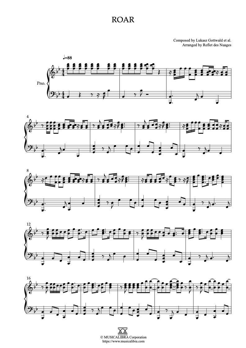 Partitura de Katy Perry Roar arreglada para piano solo