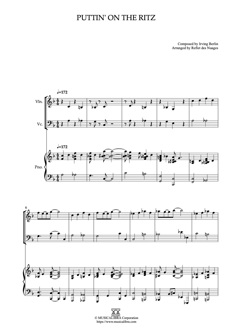 Sheet music of Puttin' on the Ritz arranged for violin, cello and piano trio chamber ensemble preview page 1