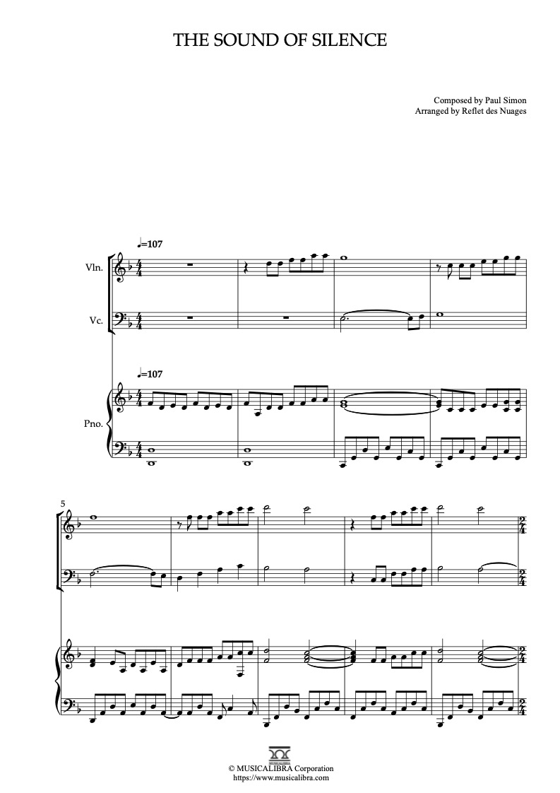 Partitura de The Sound of Silence arreglada para trío de violín, violonchelo y piano
