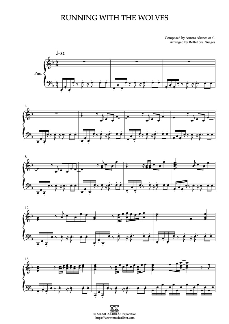 Partitura de WolkWalkers Running With the Wolves arreglada para piano solo