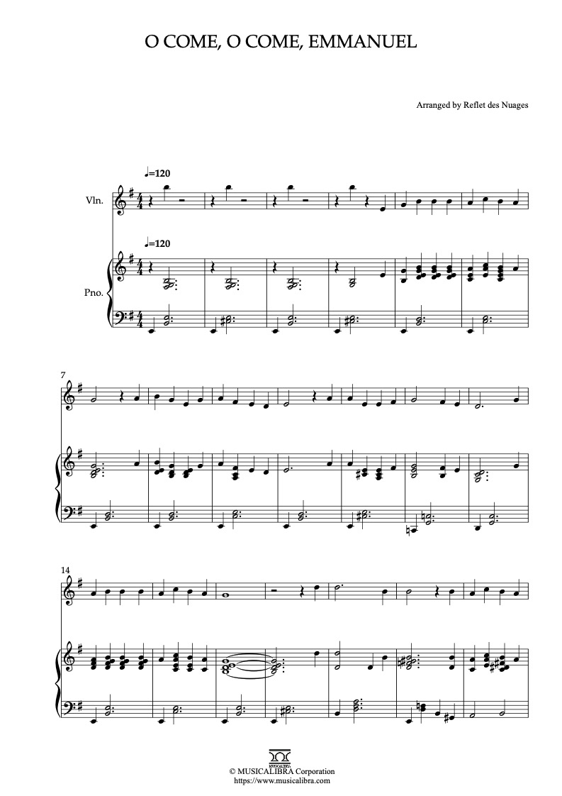 Partitura de O Come, O Come, Emmanuel arreglada para dueto de violín y piano