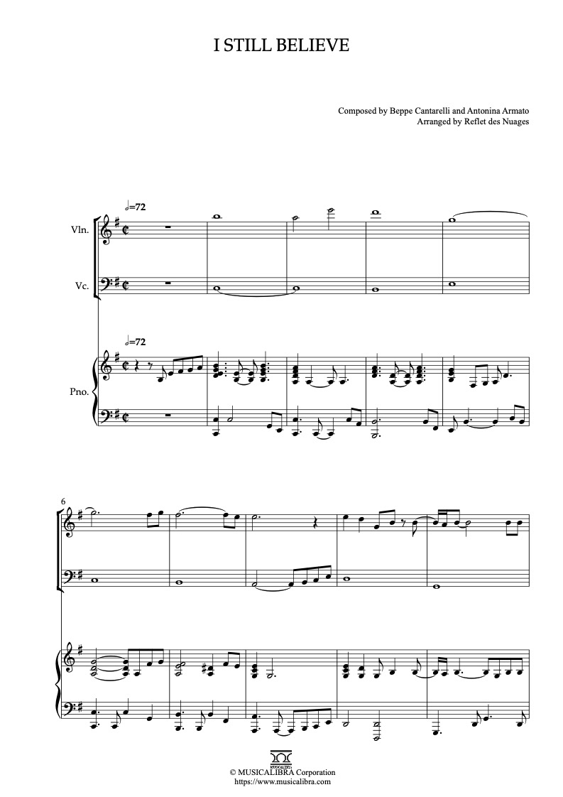 Sheet music of Mariah Carey I Still Believe arranged for violin, cello and piano trio chamber ensemble preview page 1