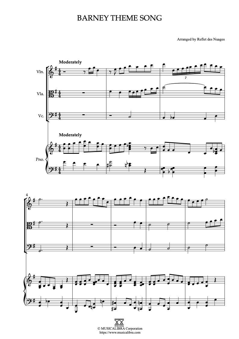Barney Theme Song 四重奏 乐谱 - 小提琴, 中提琴, 大提琴, 钢琴