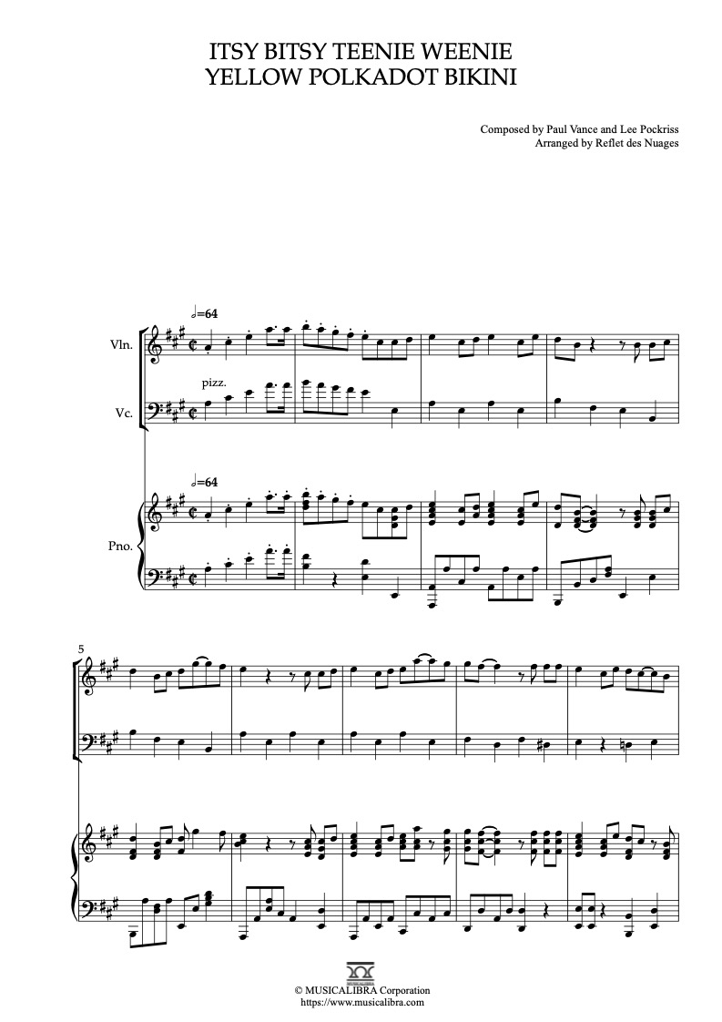 Partitura de Itsy Bitsy Teenie Weenie Yellow Polkadot Bikini arreglada para trío de violín, violonchelo y piano