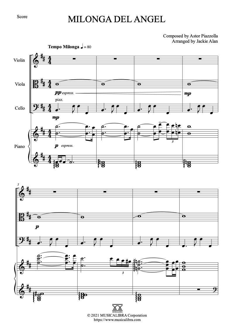 Milonga del angel 四重奏 乐谱 - 小提琴, 中提琴, 大提琴, 钢琴