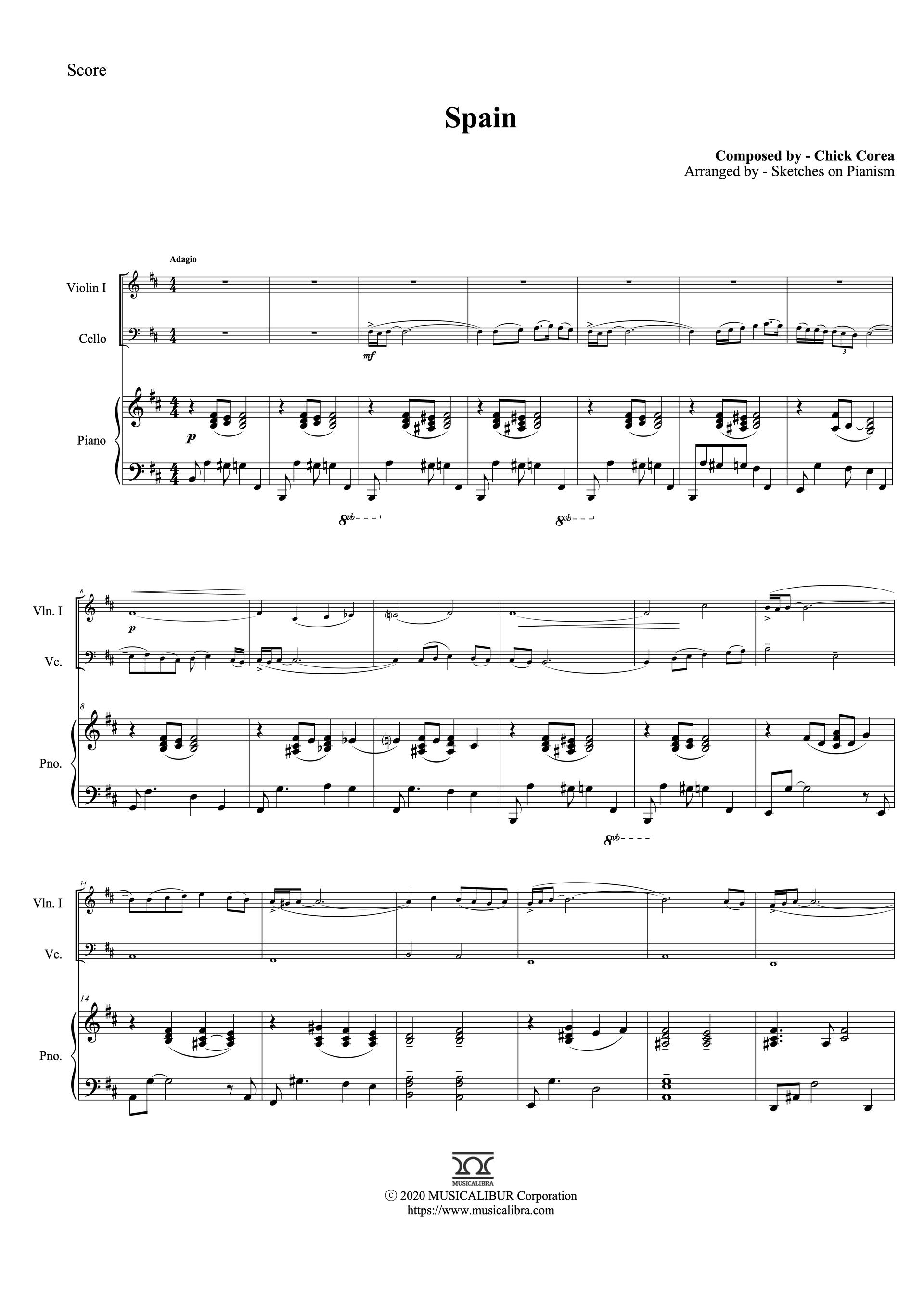 Sheet music of Chick Corea's Spain arranged for violin, cello and piano trio chamber ensemble preview page 1