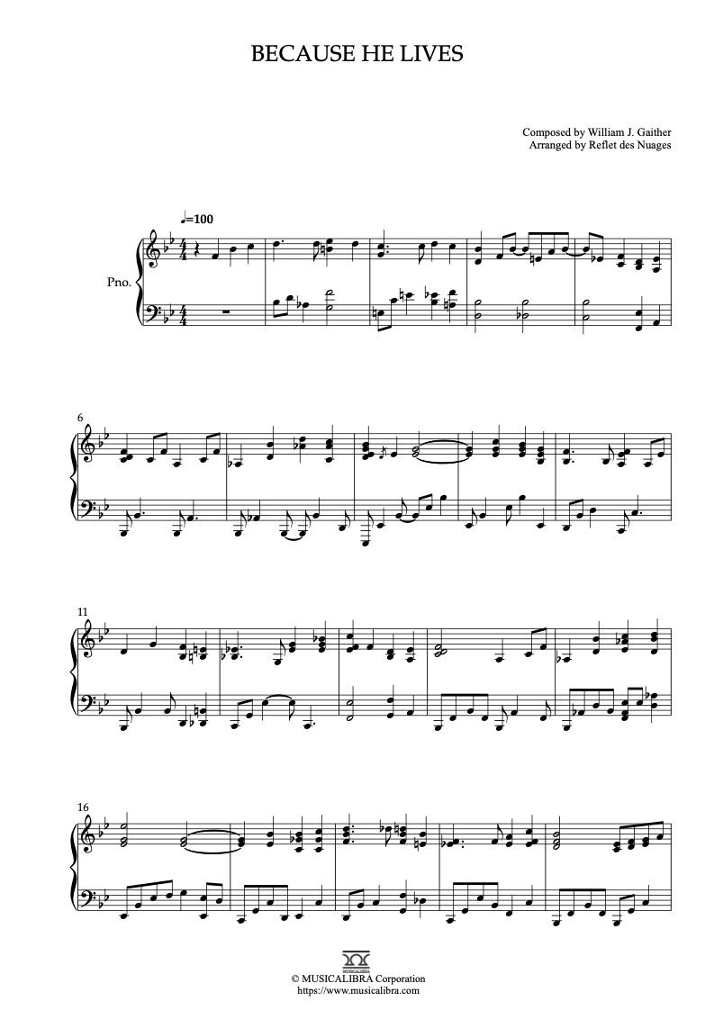Sheet music of Bill Gaither Because He Lives arranged for piano solo preview page 1