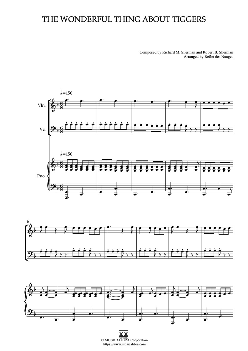 Partitura de Winnie the Pooh The Wonderful Thing About Tiggers arreglada para trío de violín, violonchelo y piano