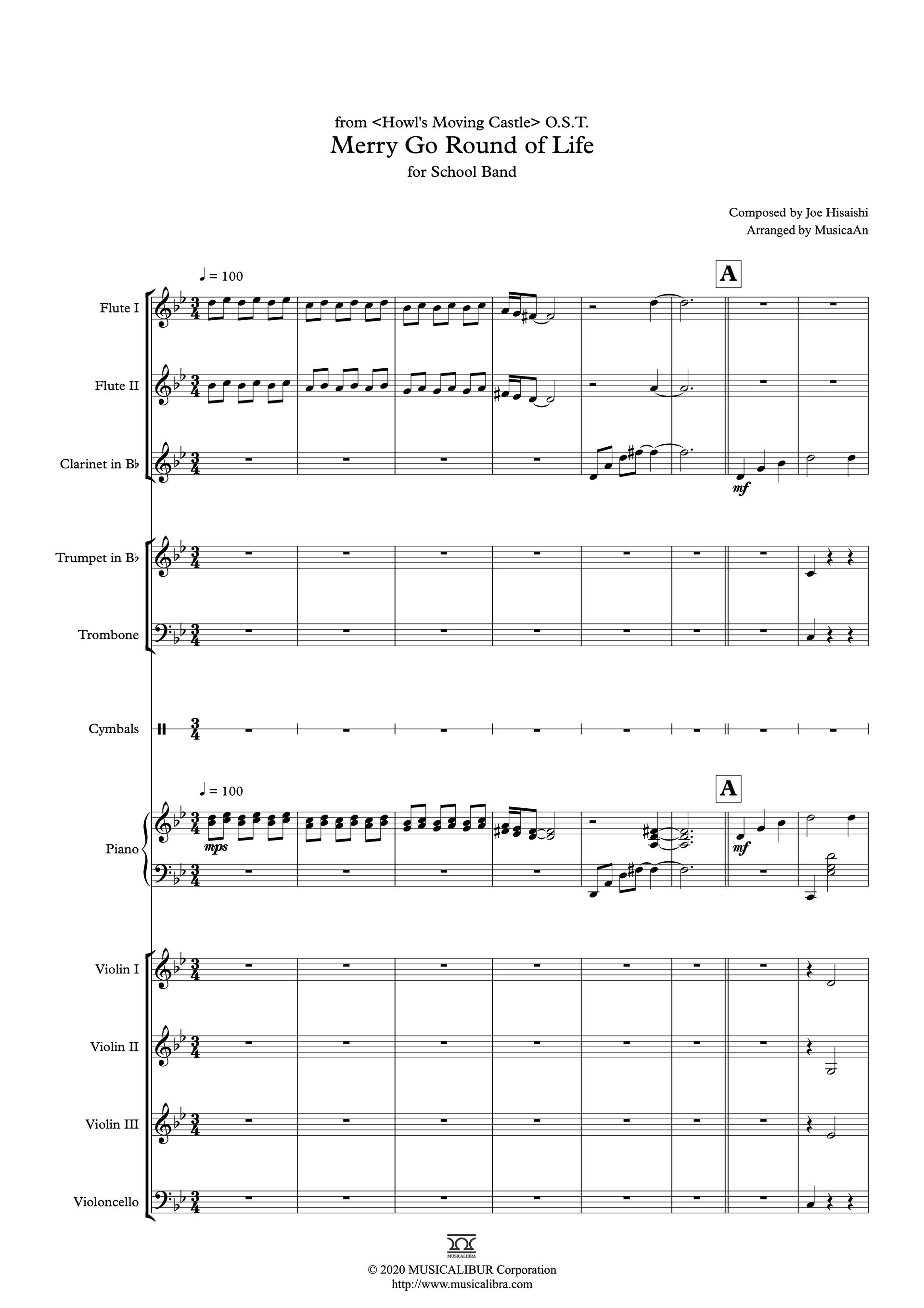Sheet music of Merry Go Round of Life(Howl's Moving Castle) arranged for school band preview page 1