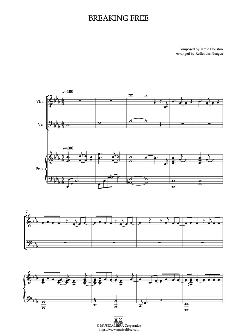Partitura de High School Musical Breaking Free arreglada para trío de violín, violonchelo y piano