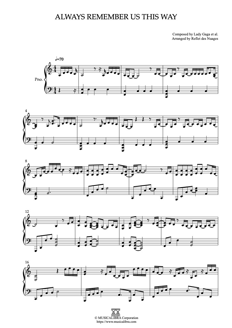 [PIANO SOLO 악보] Always Remember Us This Way 피아노 편곡 악보 : MUSICALIBRA KOREA