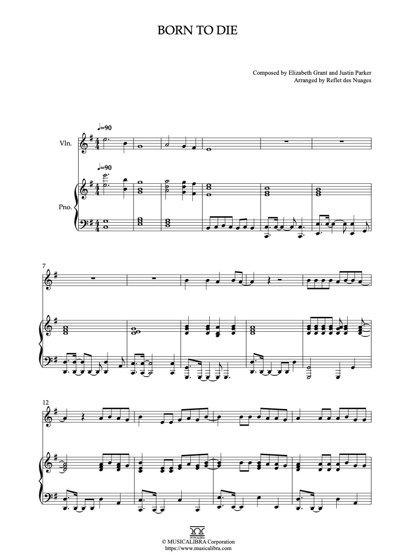 Sheet music of Lana Del Rey Born to Die arranged for violin and piano duet chamber ensemble preview page 1