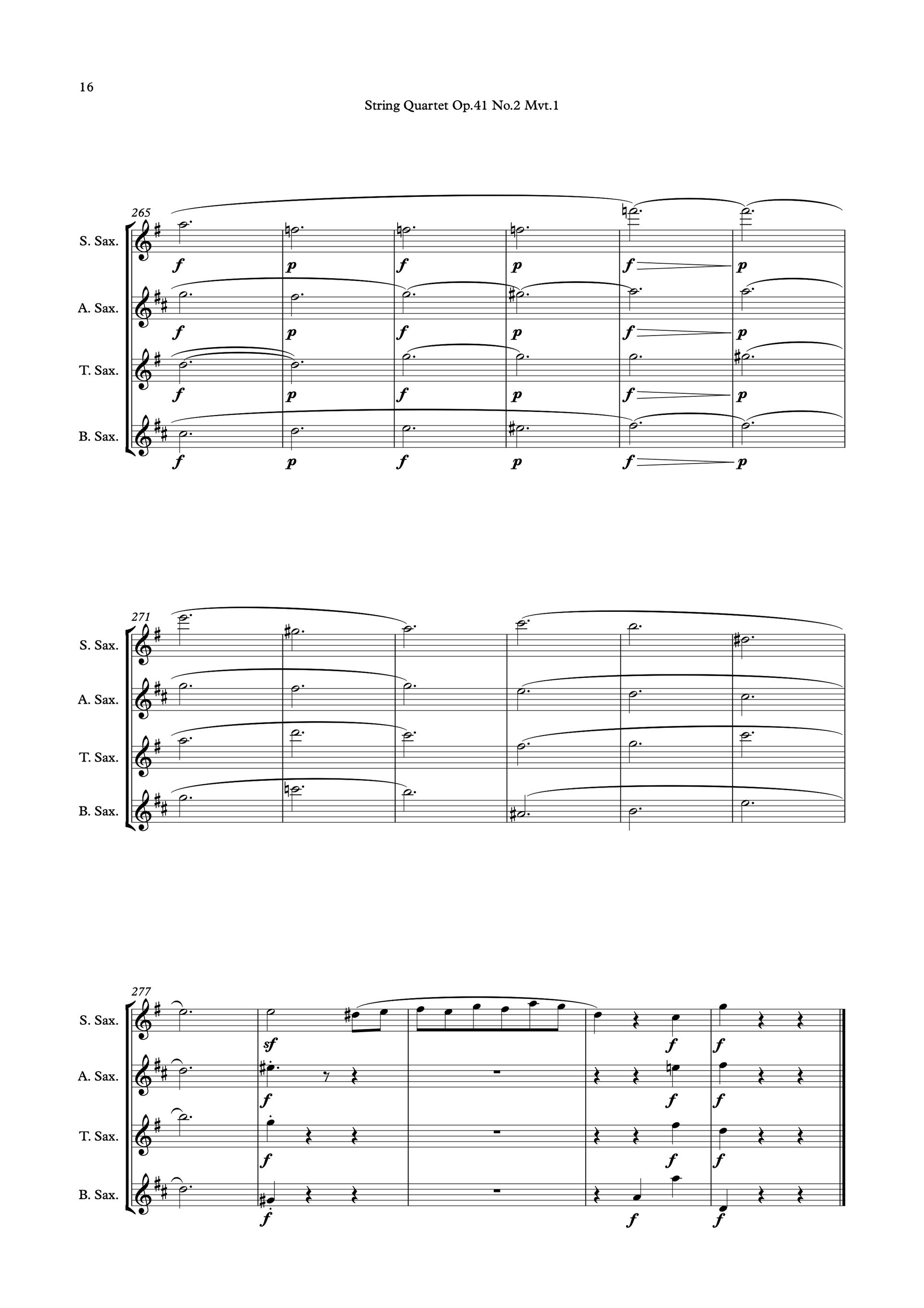 Sheet music of Schumann String Quartet No. 2, Op. 41, 1st Movement arranged for saxophone quartet preview page 16