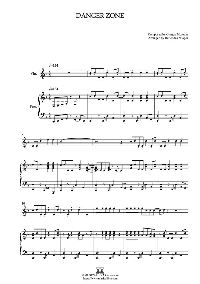 Partitura de Top Gun Danger Zone arreglada para dueto de violín y piano