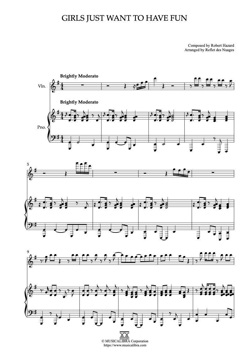 Partitura de Cyndi Lauper Girls Just Want to Have Fun arreglada para dueto de violín y piano