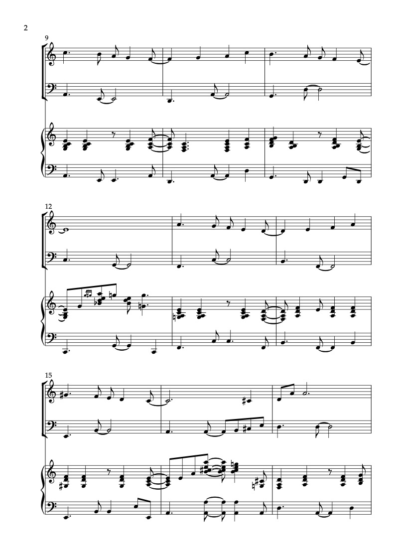 Sheet music of Fly Me to the Moon arranged for violin, cello and piano trio bossa nova chamber ensemble preview page 2