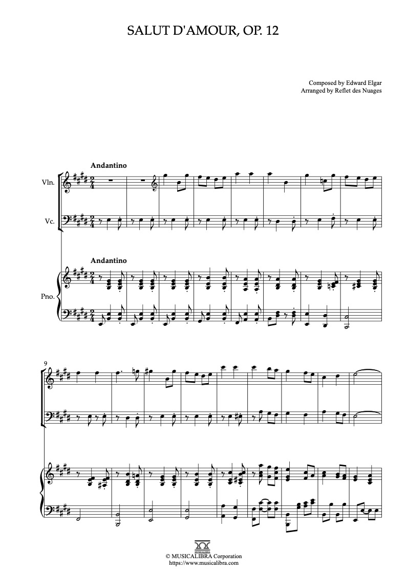 Edward Elgar Salut d'amour, Op. 12 編曲楽譜 - ヴァイオリン、チェロ、ピアノトリオ