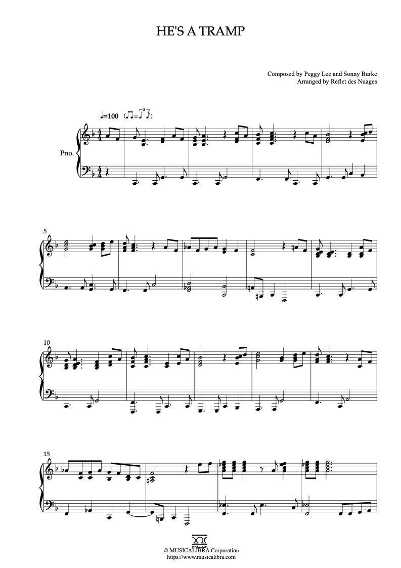 Partitura de Lady and the Tramp He's a Tramp arreglada para piano solo