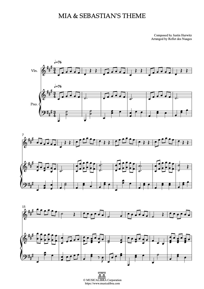 La La Land Mia and Sebastian's Theme 二重奏 乐谱 - 小提琴, 钢琴