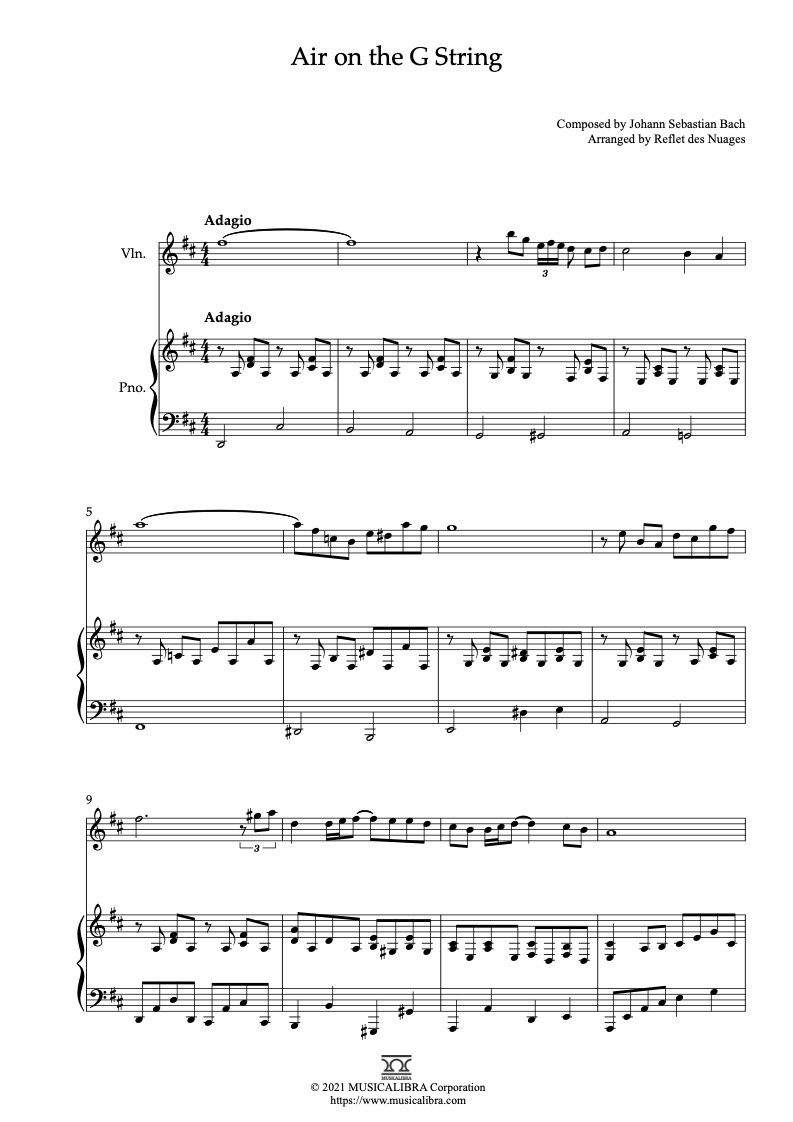 바흐 G 선상의 아리아 J. S. Bach Air on the G String 바이올린 피아노 듀엣 실내악 앙상블 편곡 악보