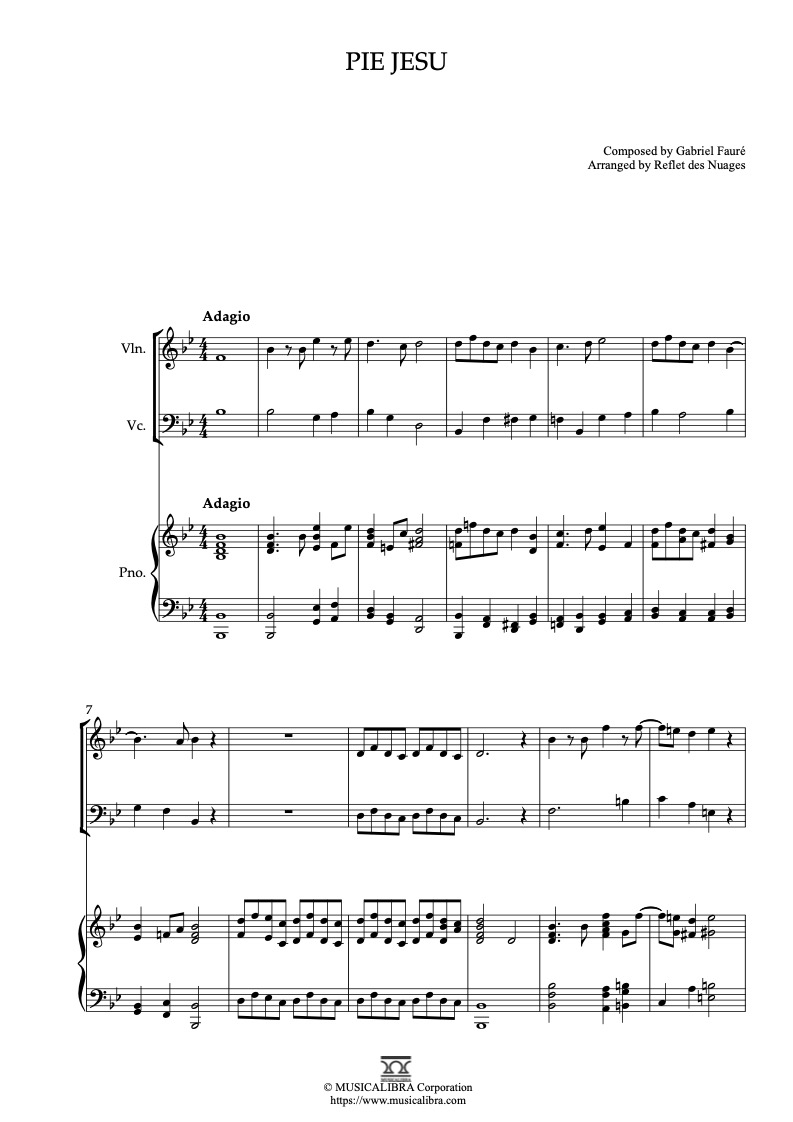 Sheet music of Pie Jesu arranged for violin, cello and piano trio chamber ensemble preview page 1