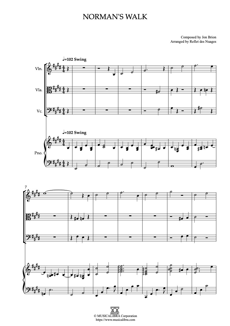 Partitura de Paranorman Norman's Walk arreglada para cuarteto de violín, viola, violonchelo y piano