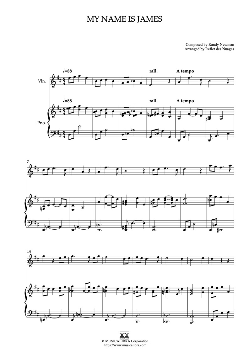 Partitura de James and the Giant Peach My Name Is James arreglada para dueto de violín y piano