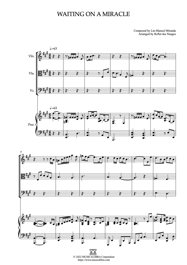 Sheet music of Encanto Waiting on a Miracle arranged for violin, viola, cello and piano quartet chamber ensemble preview page 1