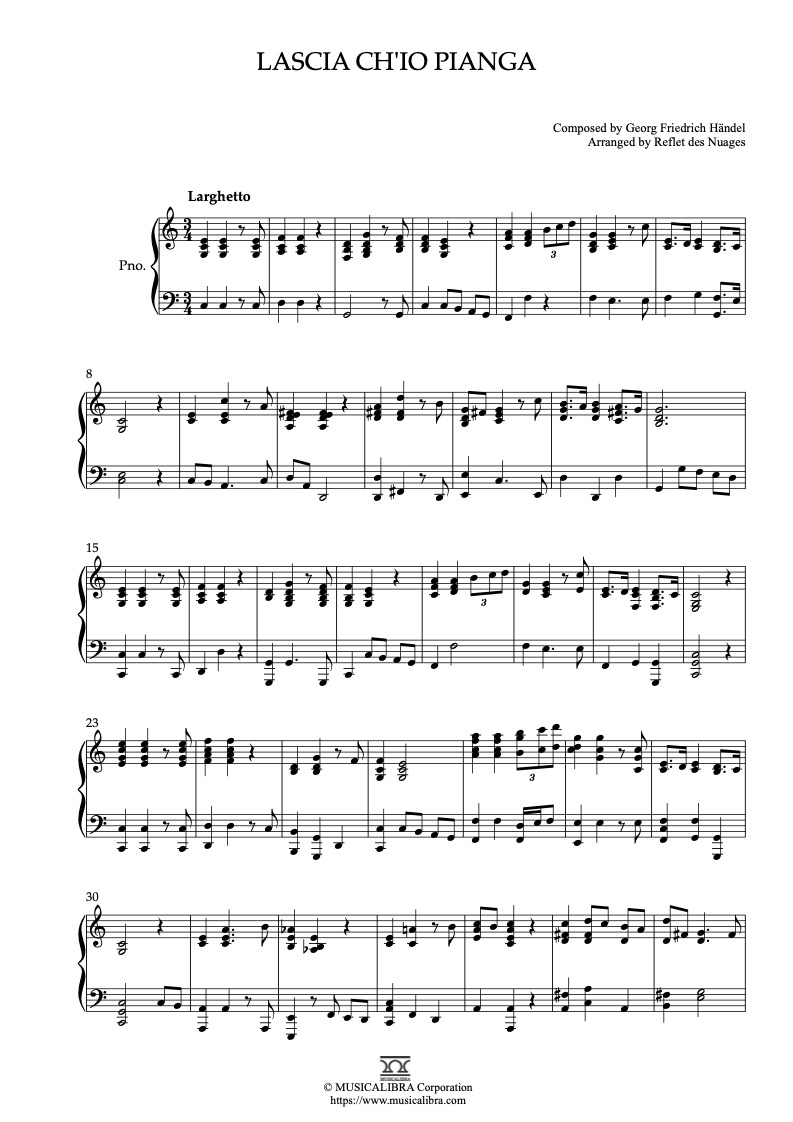 PIANO SOLO 楽譜] Lascia ch'io pianga ピアノ 編曲 楽譜