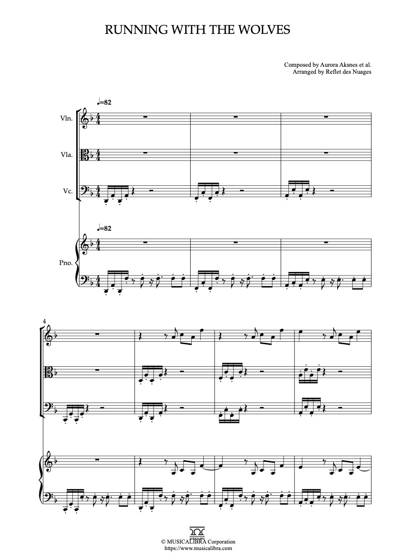 Partitura de WolkWalkers Running With the Wolves arreglada para cuarteto de violín, viola, violonchelo y piano