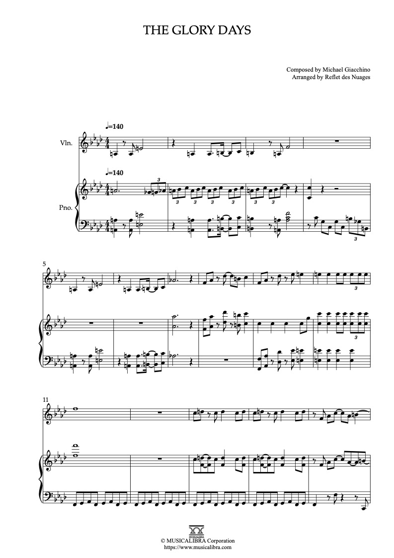 Partitura de The Incredibles Theme The Glory Days arreglada para dueto de violín y piano