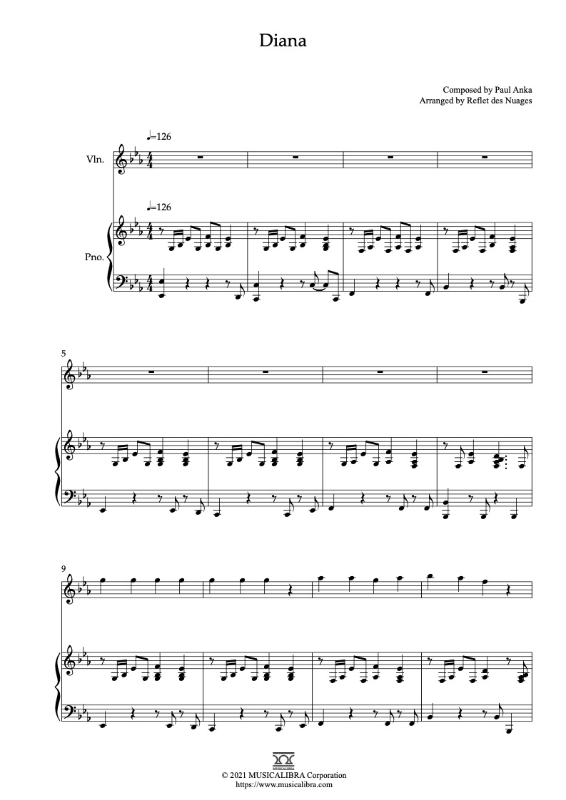 Sheet music of Paul Anka Diana arranged for violin and piano duet chamber ensemble preview page 1